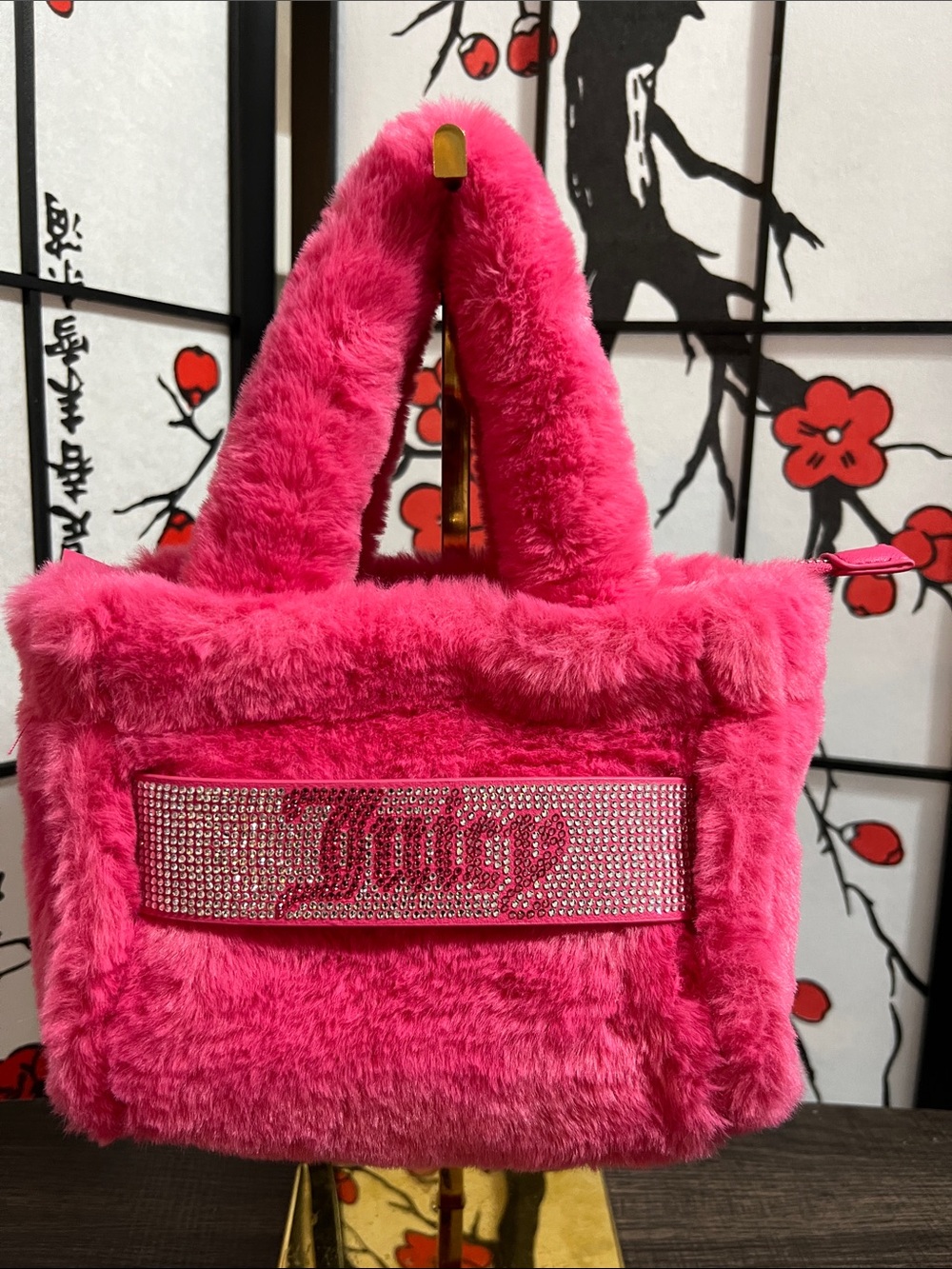 Juicy Couture Vibrant Pink Faux Fur Tote with Crystal Logo Panel